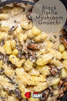 black truffle mushroom gnocchini in a skillet with text overlay