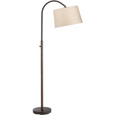 a floor lamp with a white shade on the base and a black metal pole,