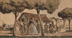 an old drawing of people standing around a house