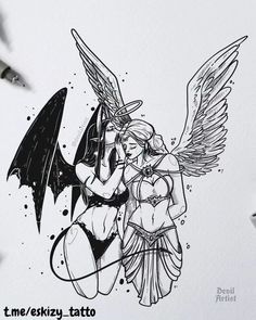 a drawing of an angel with wings and a demon on it's back, next to some markers