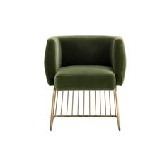 a green chair with gold legs on a white background