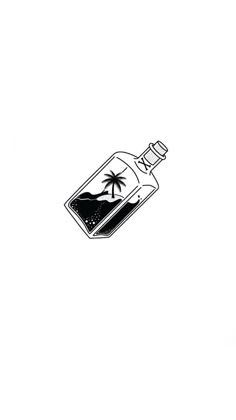 a black and white drawing of a bottle with a palm tree on it