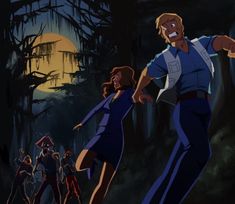 an animated image of two people running in the woods at night, one person is holding his arm out