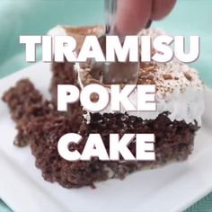 someone is cutting into a piece of cake on a plate with the words tiamisu poke cake above it