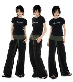 three different views of a woman in black and green pants with the words liberate on them