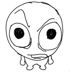 the face of an alien with big eyes and large, round ears is drawn in black ink