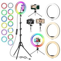 an assortment of photography equipment including camera, flash light and tripod with multiple colors