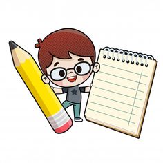 a boy with glasses holding a pencil next to a notepad and a large pencil