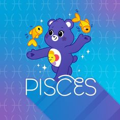 a purple teddy bear holding two goldfish in its paws with the word pisces above it