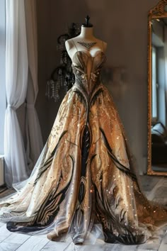 Black And Gold Ball Gown, Gold And Black Gown, Starfall Ball, Masquerade Ball Dresses, Gothic Gowns, Hippie Chic Fashion, Gold Wedding Dress, White Wedding Gowns, Draping Fashion