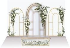 a white room with arched windows and flowers on the wall, surrounded by greenery