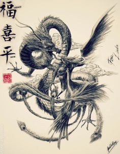 an ink drawing of a dragon attacking a demon with its wings spread out in the air