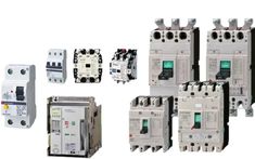 several different types of electrical equipment are shown in this image, including circuit breakers and switches