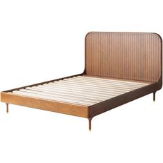 an image of a bed with wooden headboard and slatted design on it