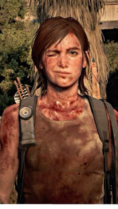 the last of us character with blood on his face and chest, standing in front of a