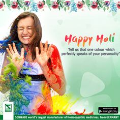 a woman is covered in colored powder and holding her hands up with the words happy holi on it