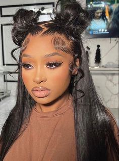 Space Buns Frontal Wig, Space Buns On Wig, Bday Hair, Frontal Hair, Sleek Ponytail Hairstyles, Frontal Wig Hairstyles, Classy Hairstyles, Red Wig, Birthday Hairstyles