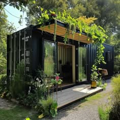 a small black container house surrounded by greenery