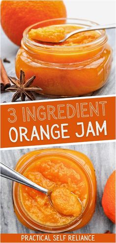 3 ingredient orange jam in jars with an orange and star anise on the side