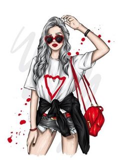 a drawing of a woman with sunglasses and a heart on her t - shirt, holding a red handbag