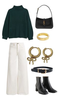 a green sweater, white pants and black boots are featured in this fashion lookbook