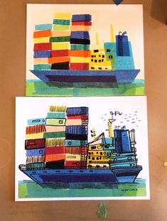 two paintings of shipping ships are on display