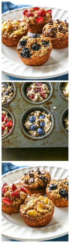 two pictures of muffins with blueberries and strawberries on them