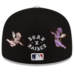 Men's Los Angeles Dodgers New Era Born x Raised Black Cherub 59FIFTY Fitted Hat Fitted Hat Aesthetic, 59fifty Hats Outfit Men, Mens Fitted Hats, Cool Hat Designs, Born X Raised, Custom Fitted Hats Ideas, Fitted Vintage Hats, Fitted Mlb Hats, Black Fitted Hat For Streetwear