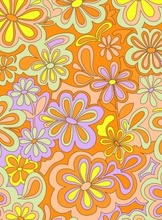 an orange background with many different colored flowers