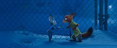 two cartoon characters standing next to each other in front of a chain link fence with snow on the ground