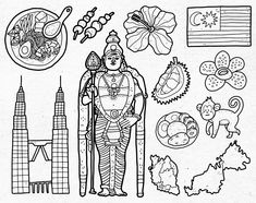 Malaysia Doodle Art, Malaysia Tattoo, Malaysia Drawing, Malaysia Illustration, Malaysia Art, Temple Drawing, City Maps Design, Framed Tattoo