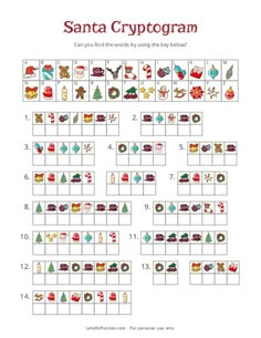 the santa cryptogram game is shown in red and green with christmas decorations