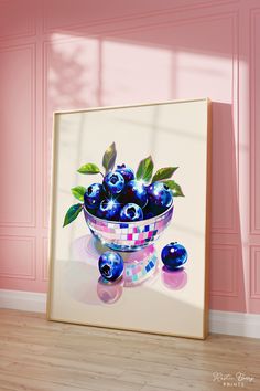 a painting of blueberries in a bowl with green leaves on the rim, against a pink wall