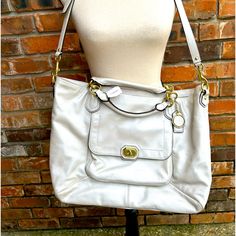 New With Tags There Is A Tan Spot On The Front That Feels Like Maybe Fabric Glue One Corner Has A Light Rub On It Imperfections Shown In Last 2 Pics And Is Very Minimal And Can Probably Be Cleaned Fabric Glue, Spot On, Coach Bags, Glue, Satchel, Color White, Im Not Perfect, Bag Lady, Tags