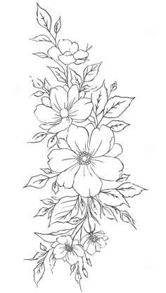 a line drawing of flowers with leaves on the bottom and bottom part of the flower