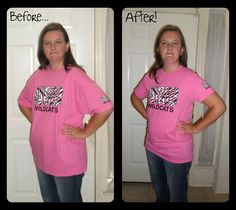 before and after photos of a woman's pink t - shirt with zebra print