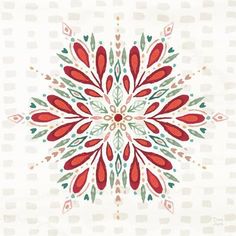 a red and green snowflake on a white background with small circles in the center