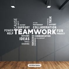 the word teamwork written in different languages on a wall next to a wooden floor