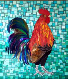 a painting of a rooster on a mosaic tile wall