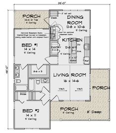 the floor plan for a two bedroom, one bath house with an attached kitchen and living room