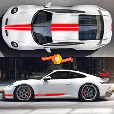 a white sports car parked in front of a building with red stripes on the side