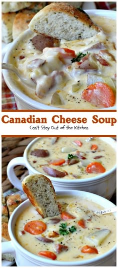 canadian cheese soup with ham and carrots in a white bowl