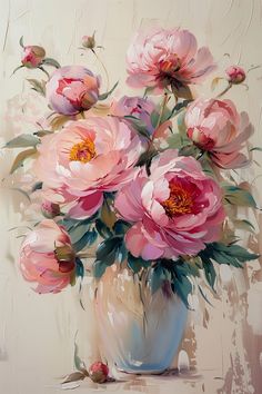 a painting of pink flowers in a blue vase