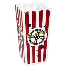 a red and white striped popcorn bag