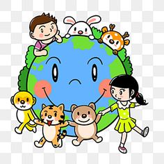 children holding hands and walking around the earth with animals on it's back ground