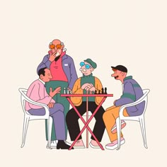 four people sitting at a table playing chess and drinking tea, with the man in the middle