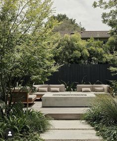 an outdoor living area with couches and trees in the foreground, surrounded by greenery