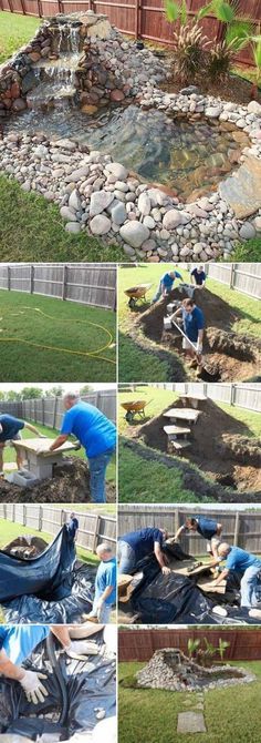 the process of building a garden pond is shown in several different pictures, including construction and landscaping