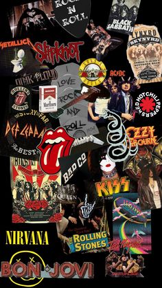 the rolling stones collage is shown with many different logos and designs on it's side