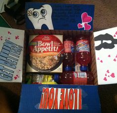 Care package I sent to babe when he got his wisdom teeth taken out #military #carepackage #airforce #deployment Surgery Care Package, Teeth Humor, Care Package Ideas, Sensitive Teeth Remedy, Tooth Care, Tooth Pulled